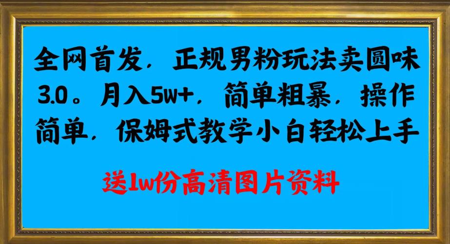 全网首发正规男粉玩法卖圆味3.0，月入5W+，简单粗暴，操作简单，保姆式教学，小白轻松上手网赚项目-副业赚钱-互联网创业-资源整合大蓝科技